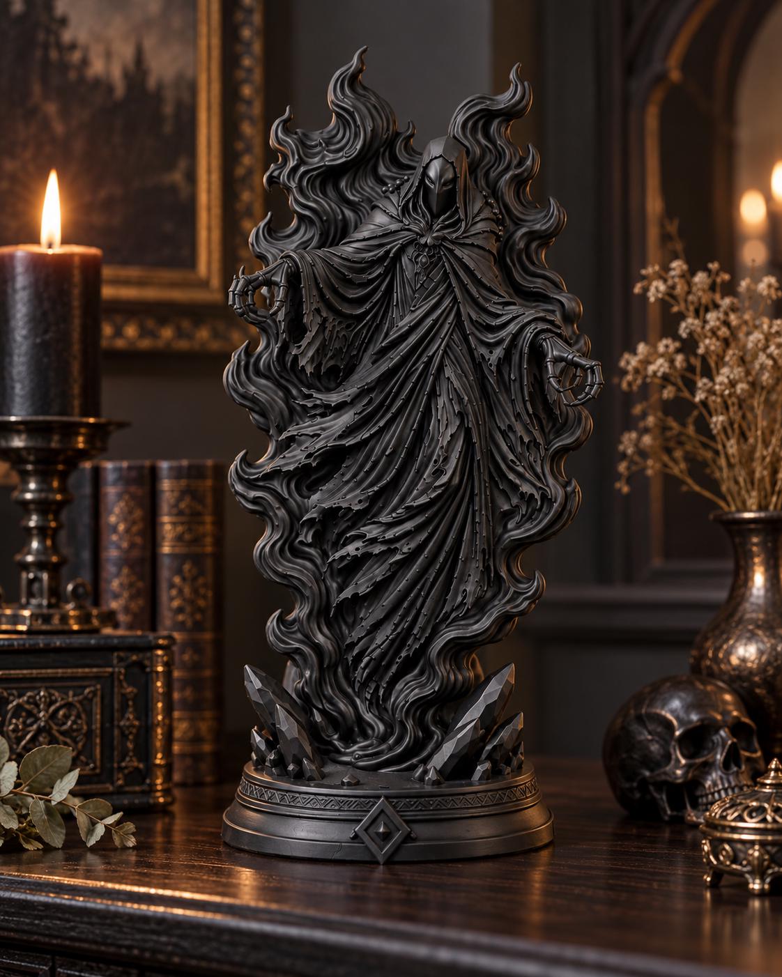 Black Hooded Wraith Statue, Gothic Dark Fantasy Sculpture, Horror Shelf Decor — photo 3