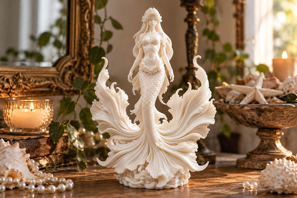 Mermaid Statue, Sea Goddess Sculpture, White Siren Figurine, Coastal Ocean Decor — photo 2