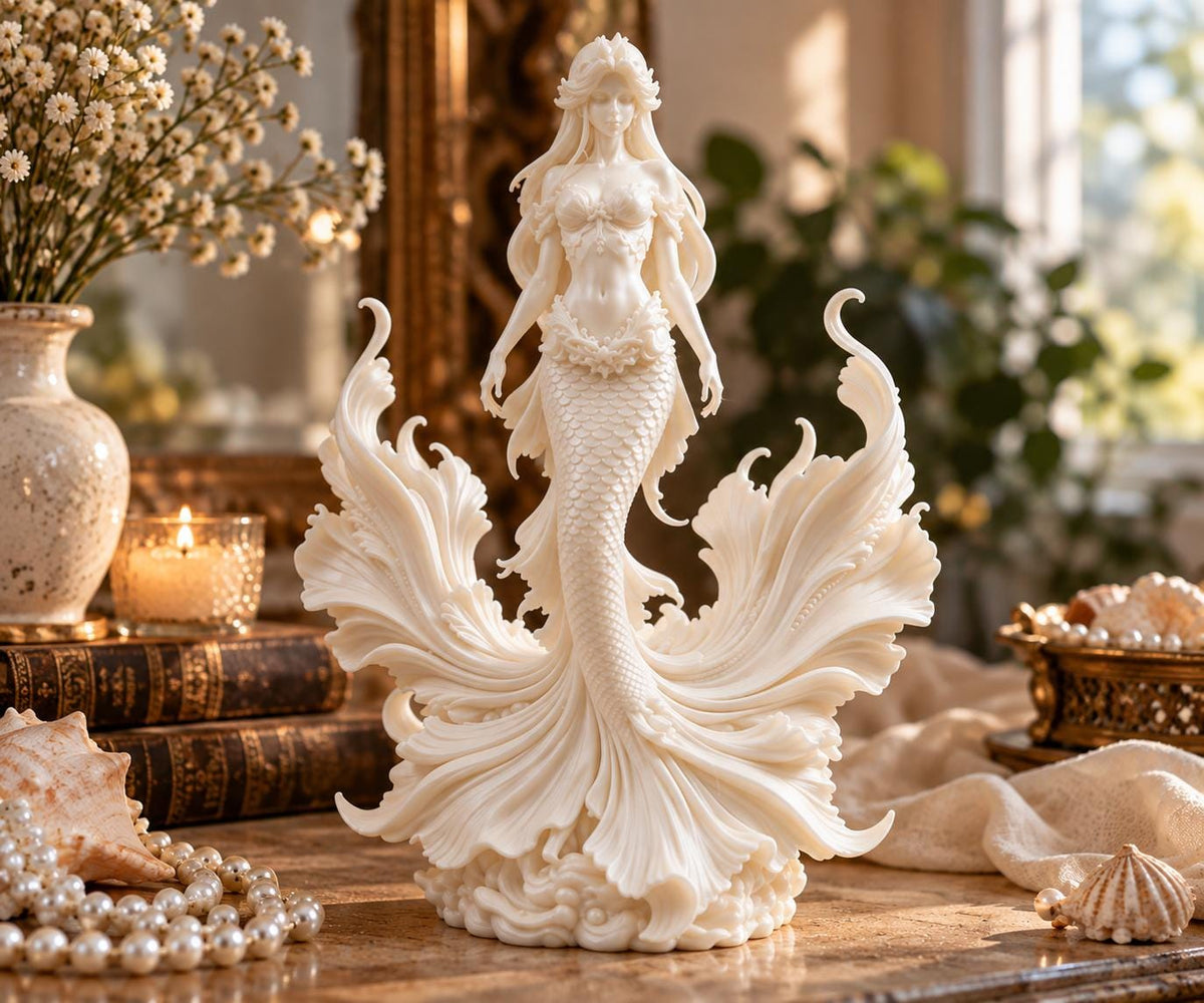 Mermaid Statue, Sea Goddess Sculpture, White Siren Figurine, Coastal Ocean Decor — photo 3