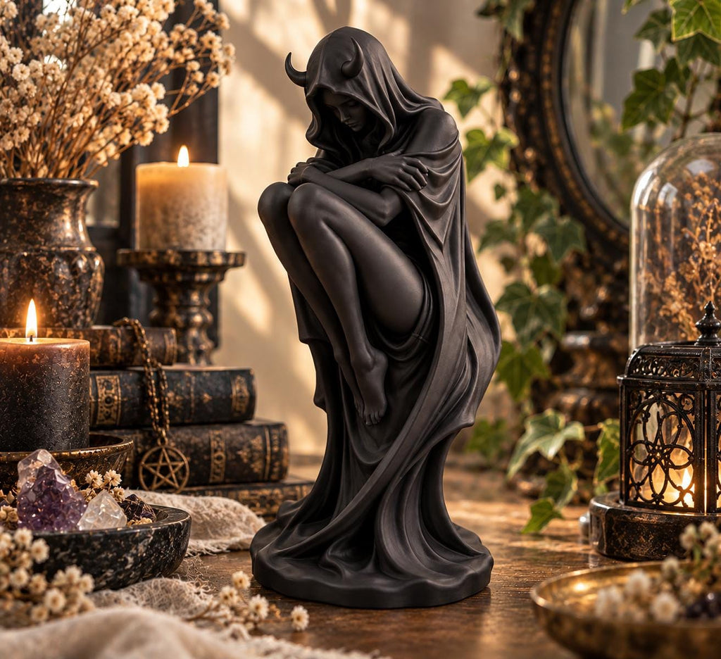Gothic Demon Statue, Dark Fantasy Decor, Horned Goddess Sculpture, Witchy Altar Decor