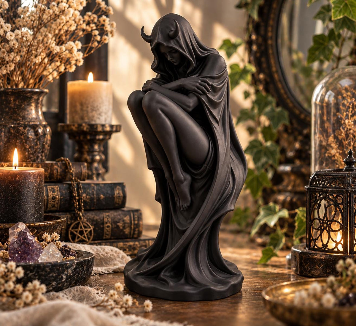 Gothic Demon Statue, Dark Fantasy Decor, Horned Goddess Sculpture, Witchy Altar Decor