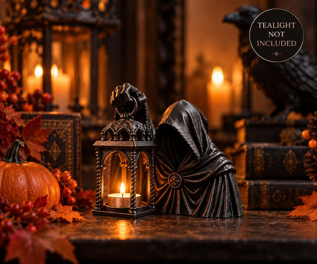 Gothic Hooded Reaper LED Tealight Holder, Black Lantern Halloween Decor