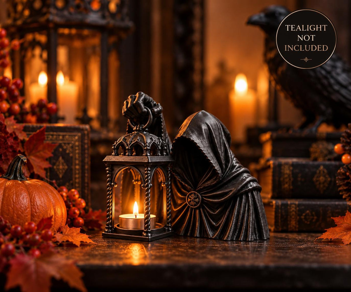 Gothic Hooded Reaper LED Tealight Holder, Black Lantern Halloween Decor