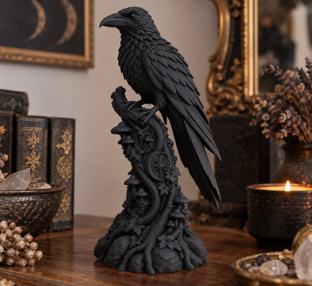 Raven on a Perch Statue, Gothic Raven Figurine, Witchy Altar Decor, Dark Academia Bookshelf Decoration — photo 3