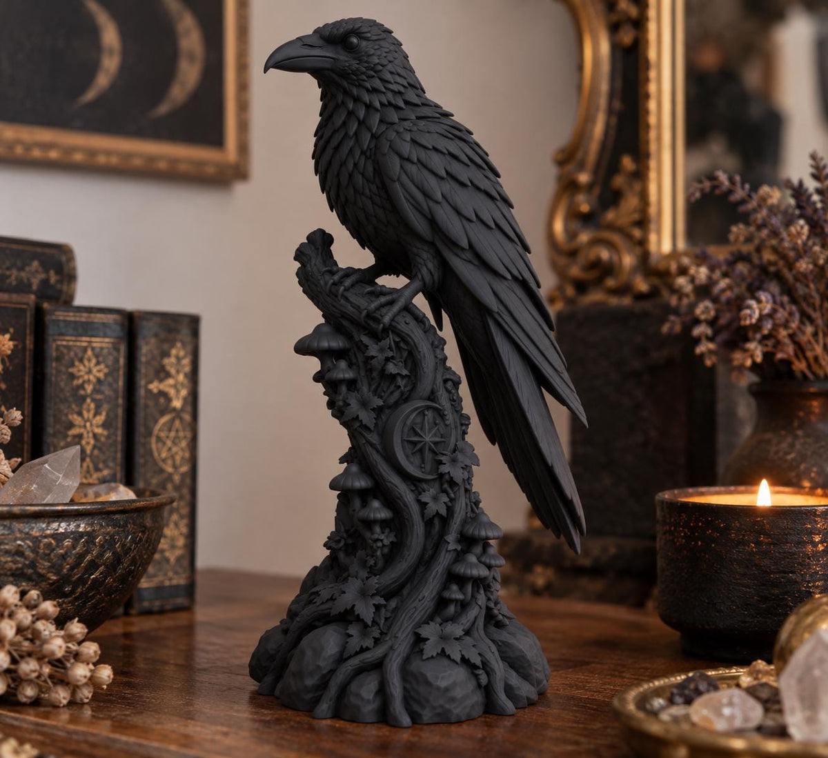 Raven on a Perch Statue, Gothic Raven Figurine, Witchy Altar Decor, Dark Academia Bookshelf Decoration — photo 3