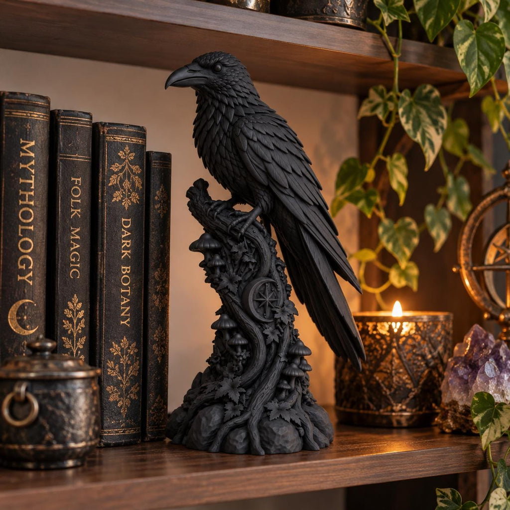 Raven on a Perch Statue, Gothic Raven Figurine, Witchy Altar Decor, Dark Academia Bookshelf Decoration — photo 2