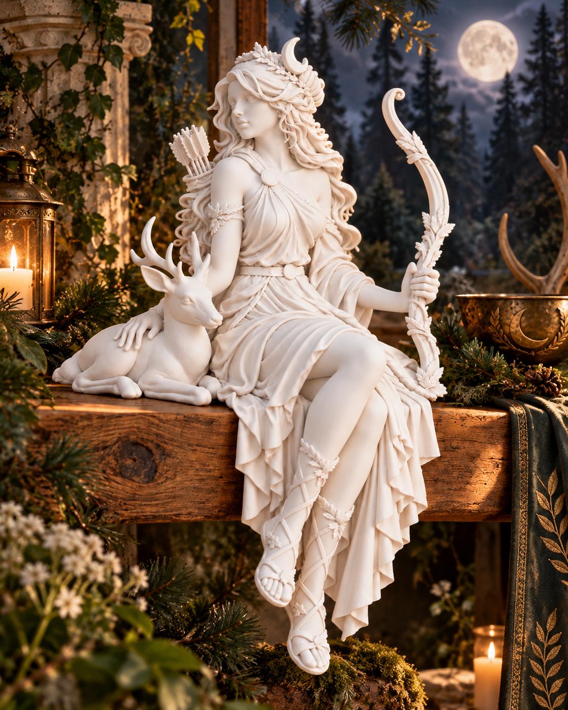 Artemis Greek Goddess Statue, Huntress Moon Deity Sculpture, White Pagan Altar Decor — photo 2