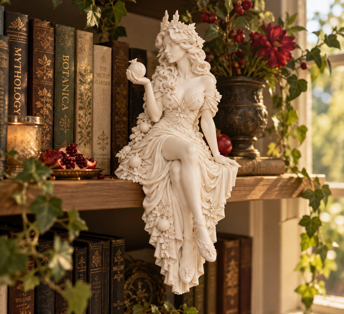 Persephone Shelf Sitter Statue, Greek Goddess of Spring, Pomegranate Mythology Decor