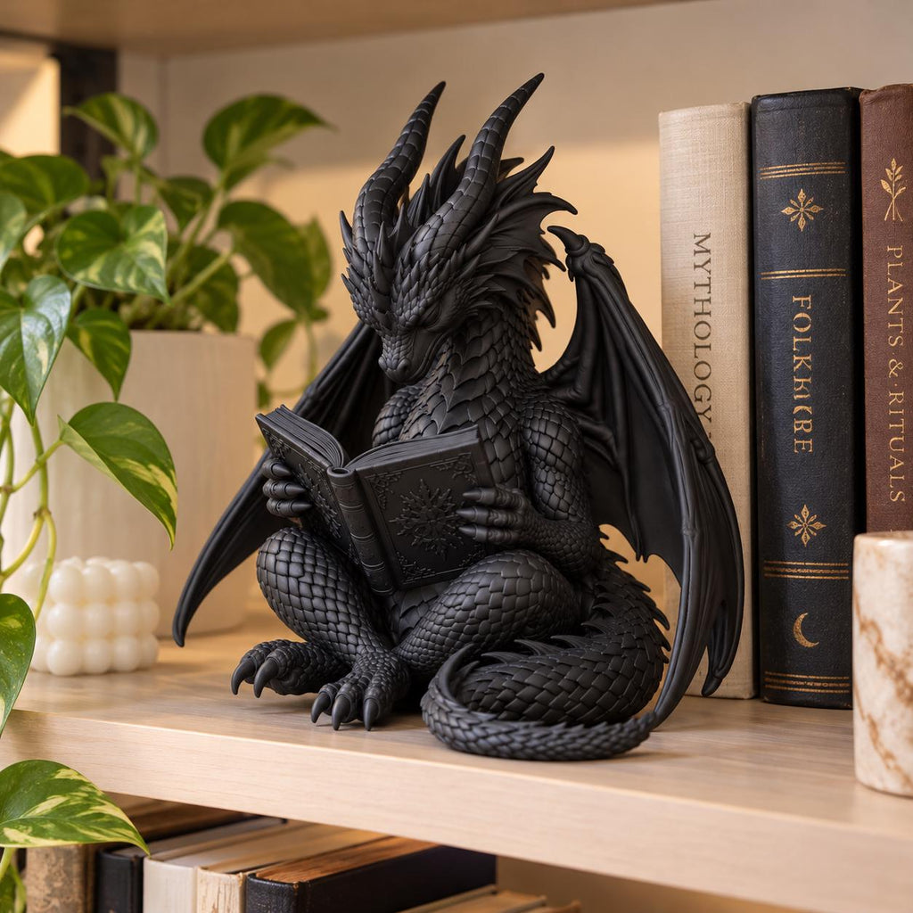 Reading Dragon Statue with Book, Fantasy Bookshelf Decor, Book Lover Gift