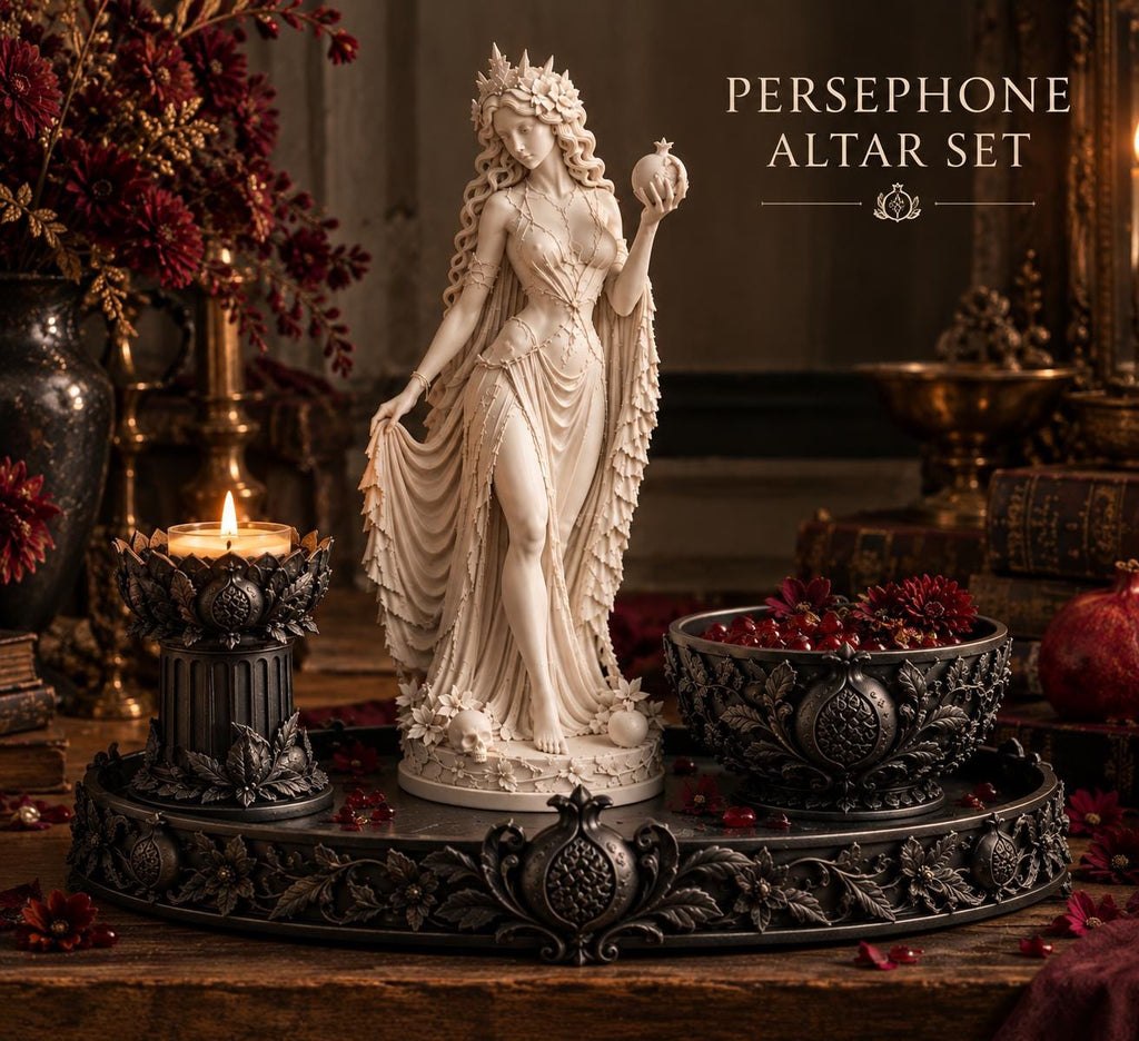 Persephone Altar Set, Greek Goddess Statue, Offering Bowl & Tray, Pagan Altar Decor