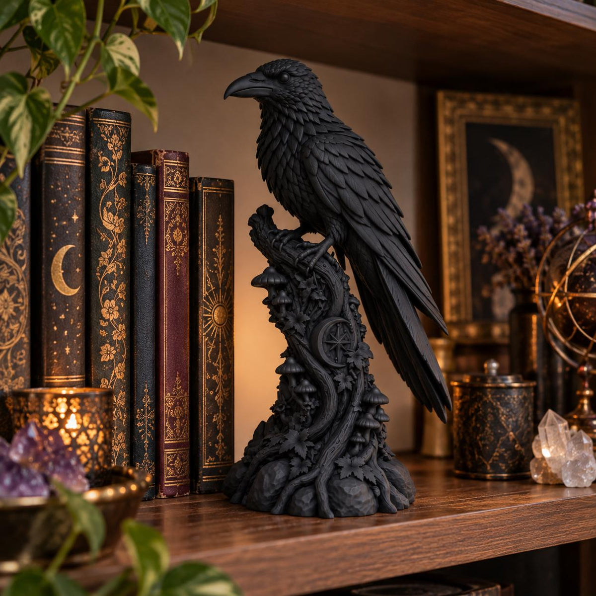 Raven on a Perch Statue, Gothic Raven Figurine, Witchy Altar Decor, Dark Academia Bookshelf Decoration