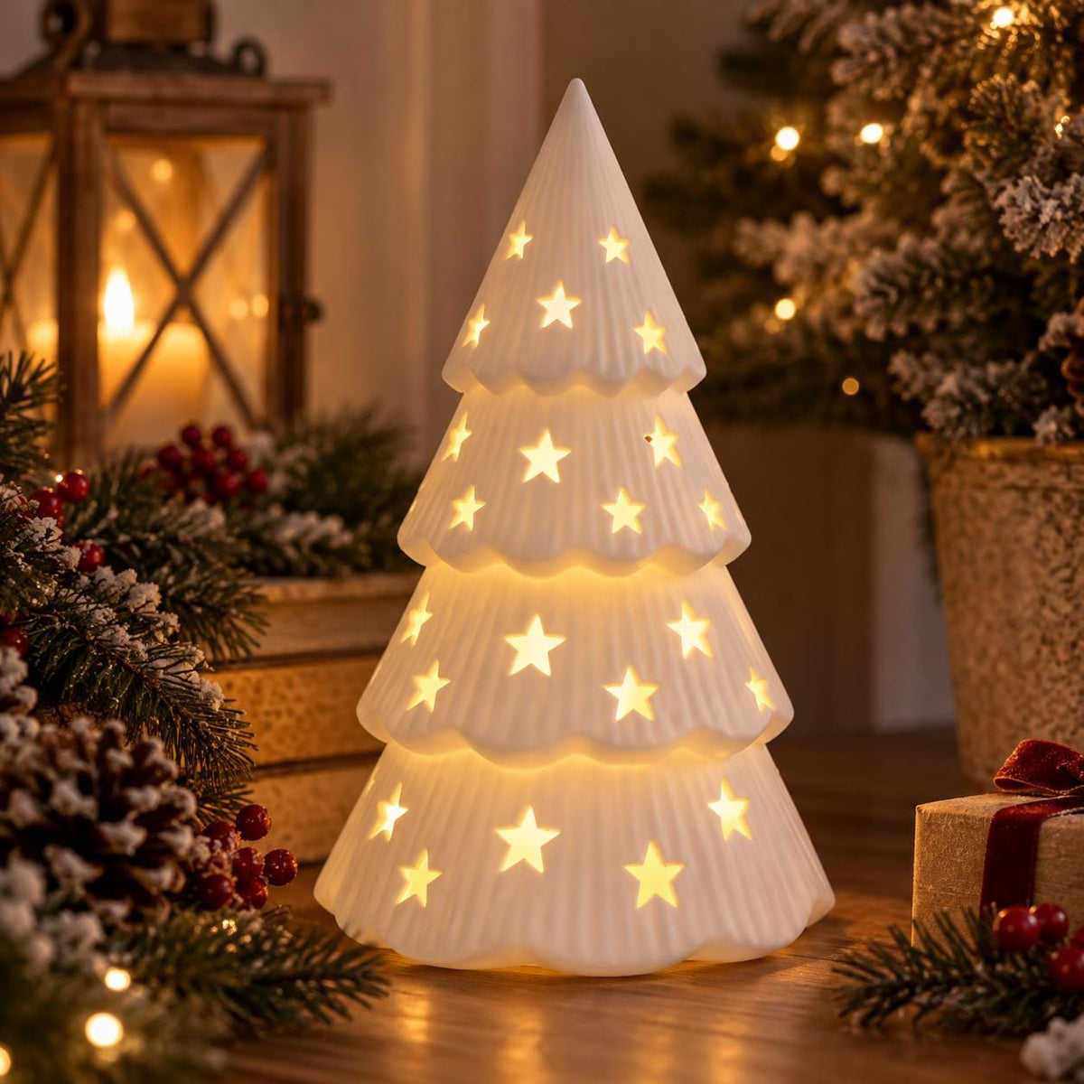 Christmas Tree Lantern, 10 Inch White Star Luminary, LED Tealight Included — photo 3