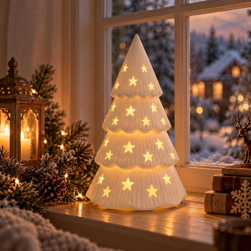 Christmas Tree Lantern, 10 Inch White Star Luminary, LED Tealight Included — photo 2