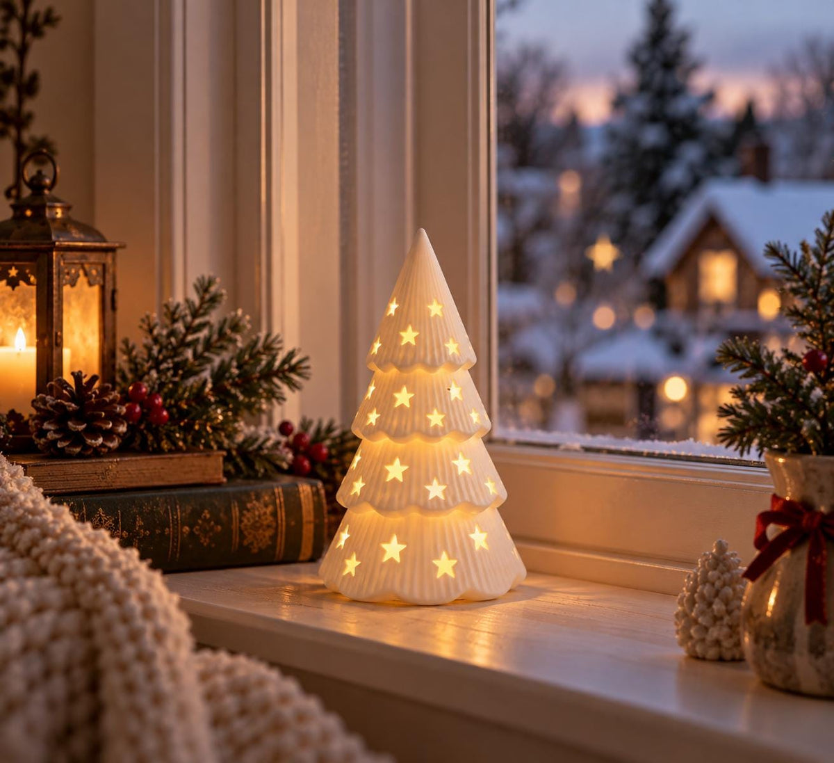 Christmas Tree Lantern, 10 Inch White Star Luminary, LED Tealight Included