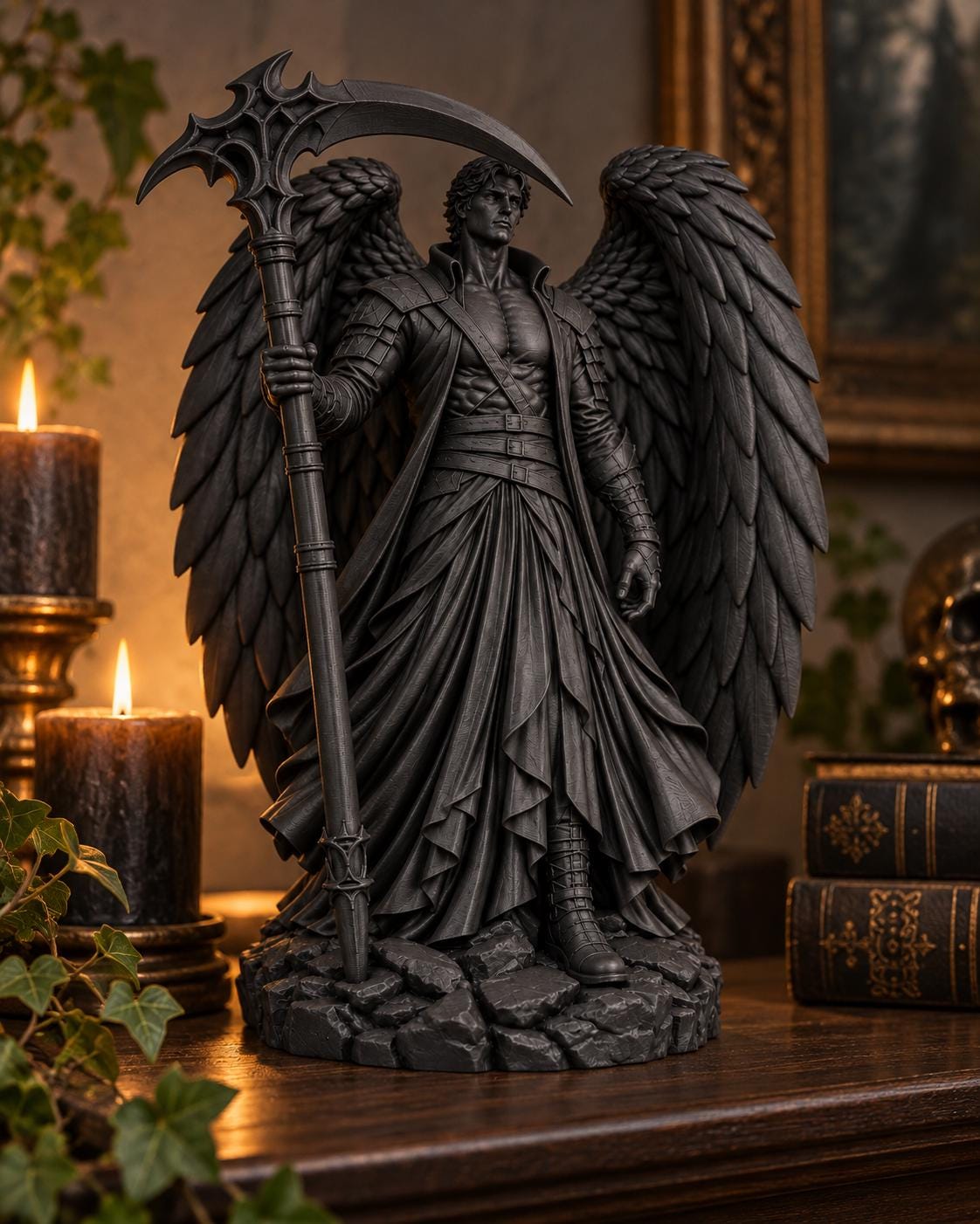 Fallen Angel Statue, Gothic Winged Warrior, Dark Fantasy Bookish Decor — photo 2