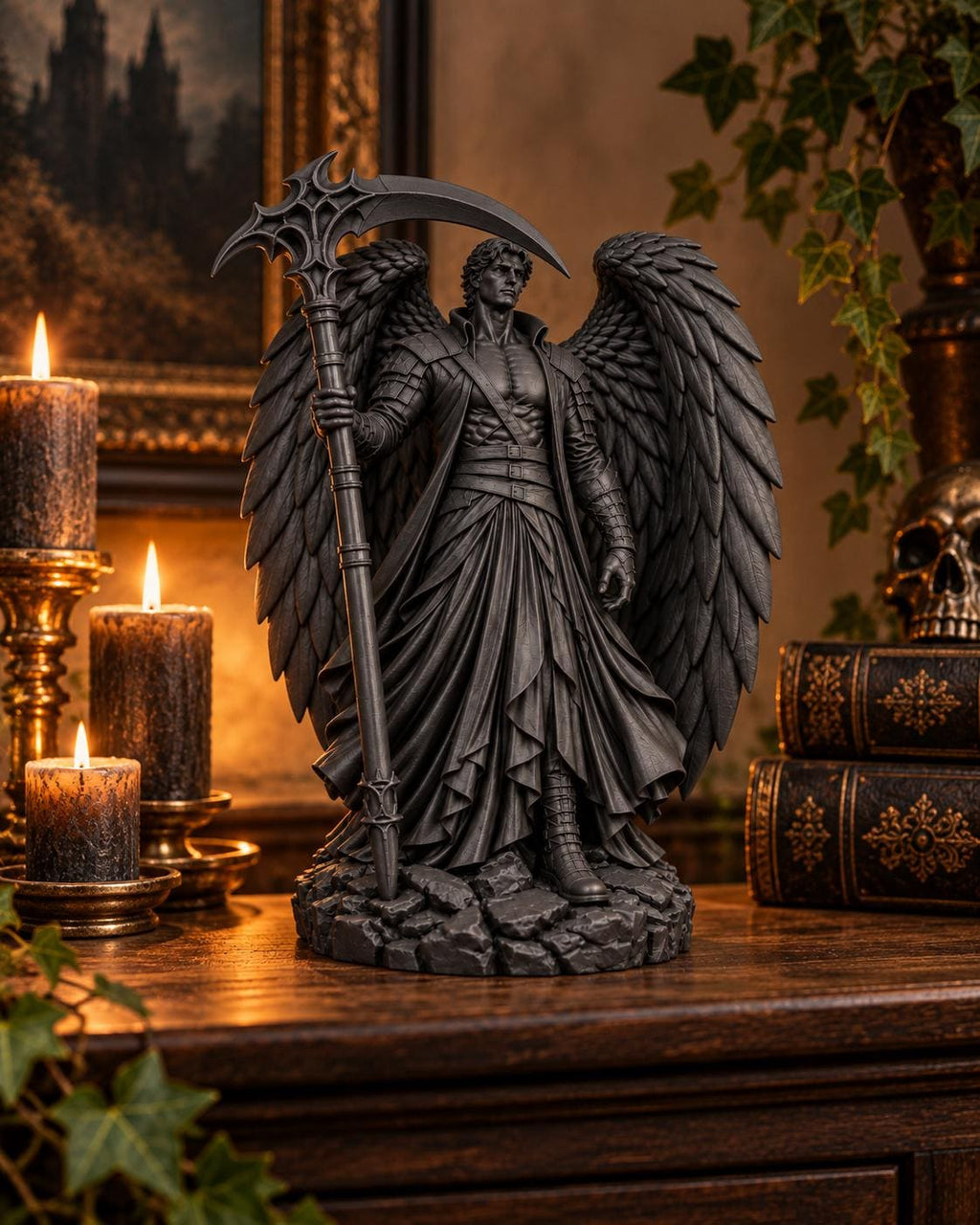 Fallen Angel Statue, Gothic Winged Warrior, Dark Fantasy Bookish Decor