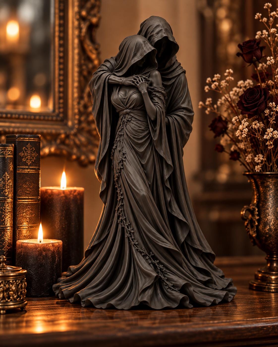 Gothic Couple Sculpture, Grim Reaper Dark Empress Decor, Skeleton Lovers Gift — photo 2