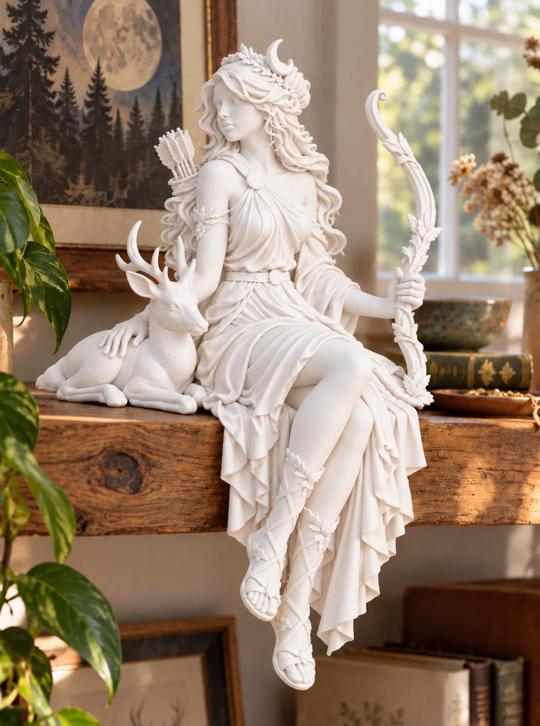 Artemis Greek Goddess Statue, Huntress Moon Deity Sculpture, White Pagan Altar Decor