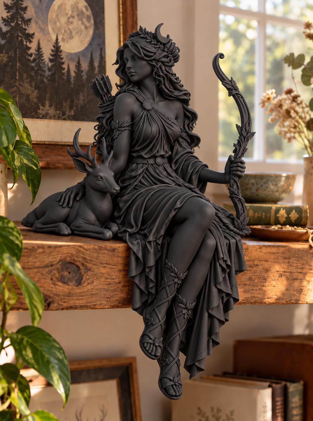 Artemis Greek Goddess Statue, Huntress Moon Deity Sculpture, White Pagan Altar Decor — photo 3