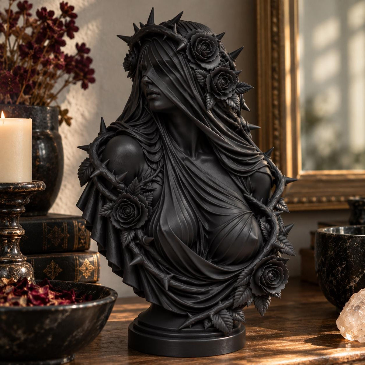 Gothic Veiled Woman Bust, Rose and Thorn Statue, Dark Romantic Decor — photo 2