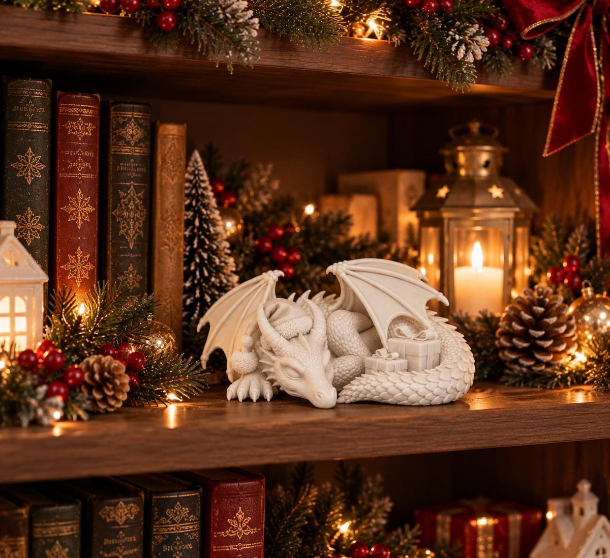 Christmas Sleeping Dragon Figurine, Santa Hat Dragon Statue, Fantasy Holiday Decor