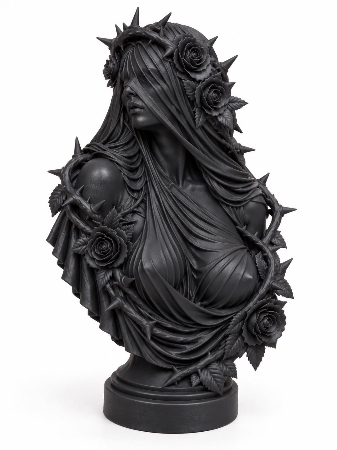 Gothic Veiled Woman Bust, Rose and Thorn Statue, Dark Romantic Decor — photo 4