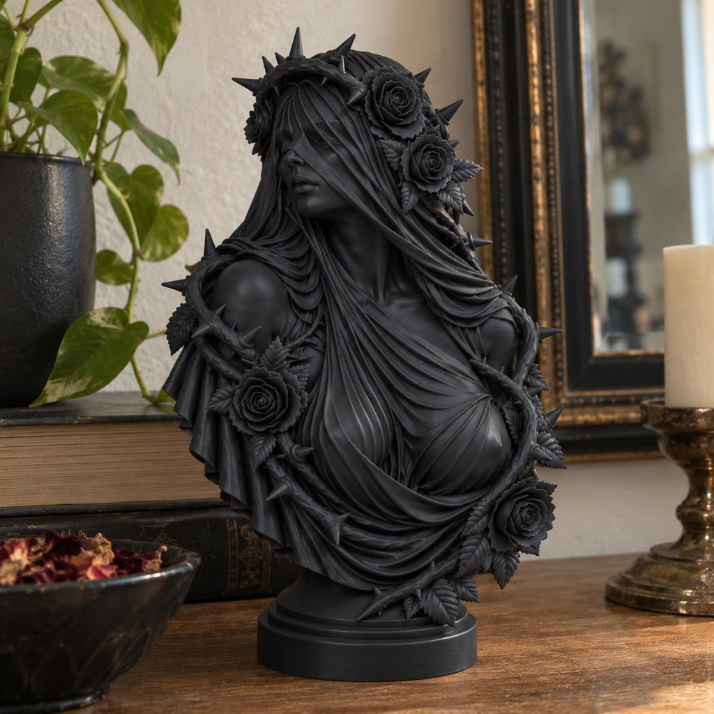 Gothic Veiled Woman Bust, Rose and Thorn Statue, Dark Romantic Decor